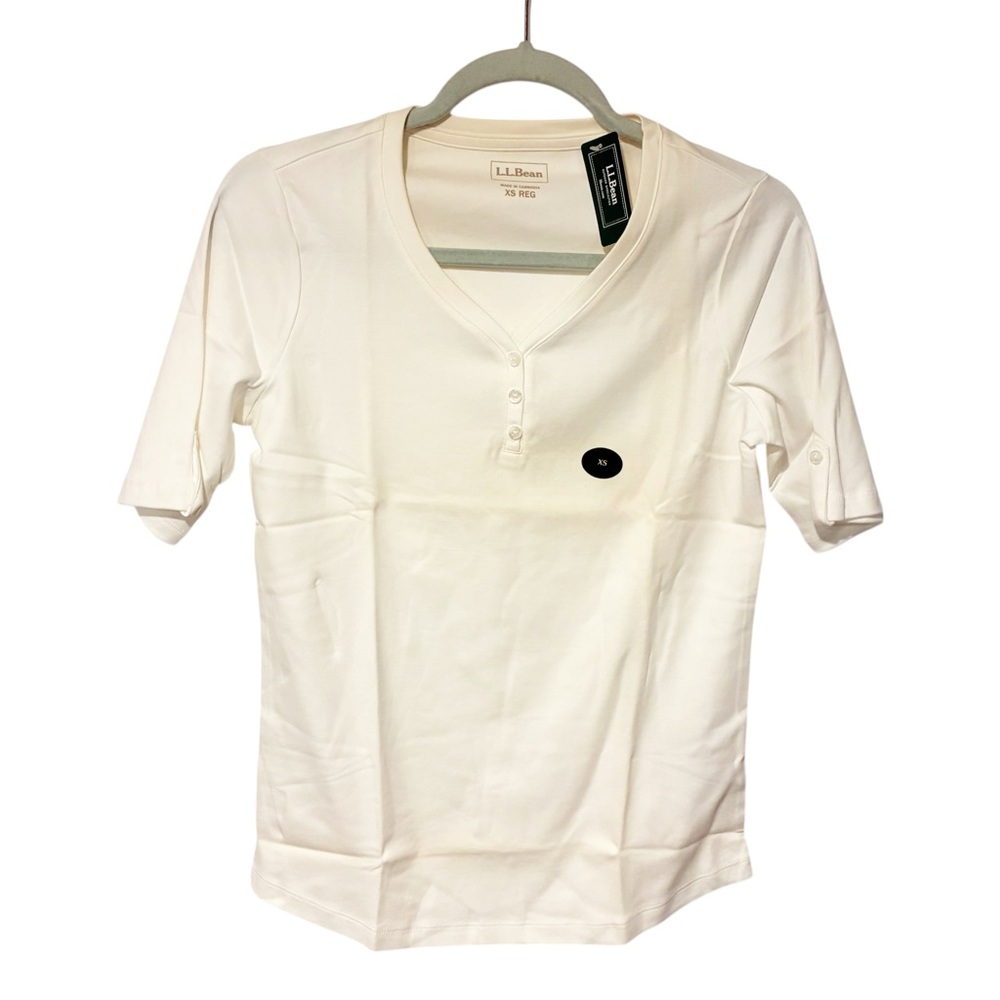 L.L. Bean Womens Tee Shirt Henley Short Sleeve Bright White XS New W Tags